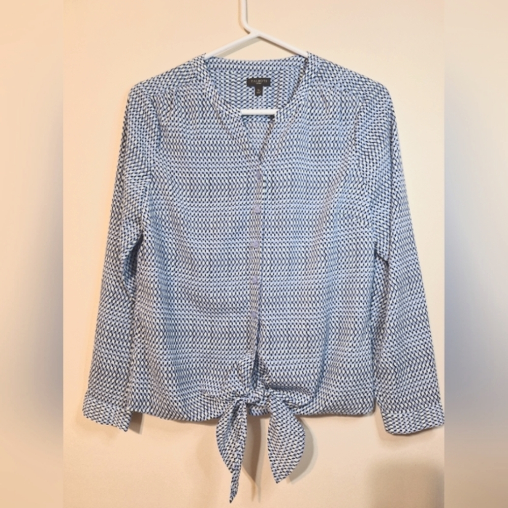 NWOT Talbots Petites small button-up tie front longsleeve geometric print blouse